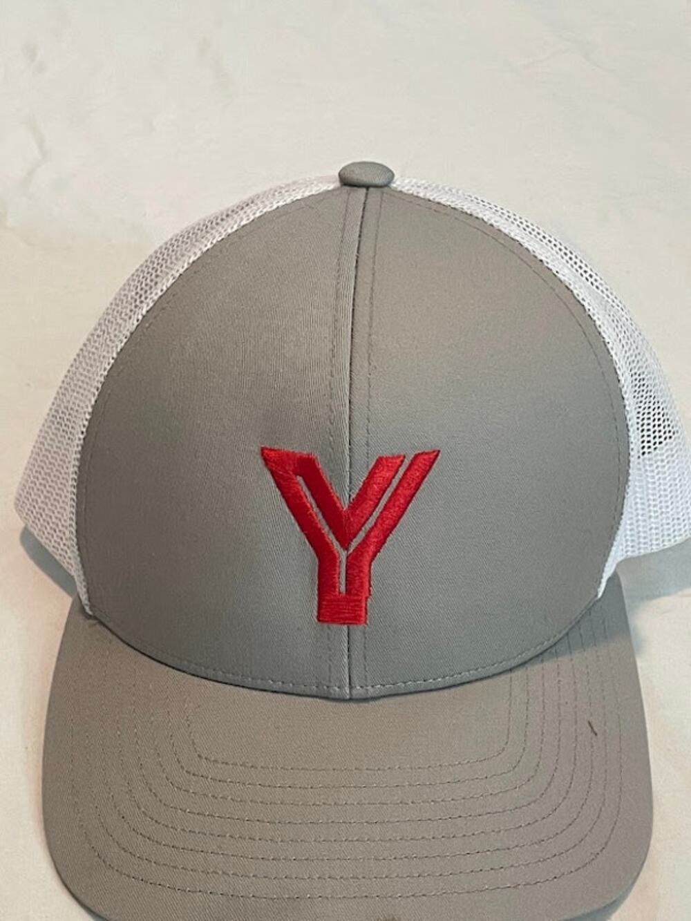 Pacific Headwear 104C Trucker Hat Gray White Mesh Red Letter Y Snapback Cap M/L